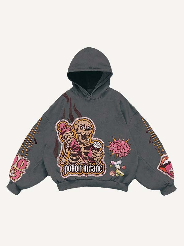 Skeleton Injection Medicine&Letter Faux Decal Print Slant Pockets Hoodie