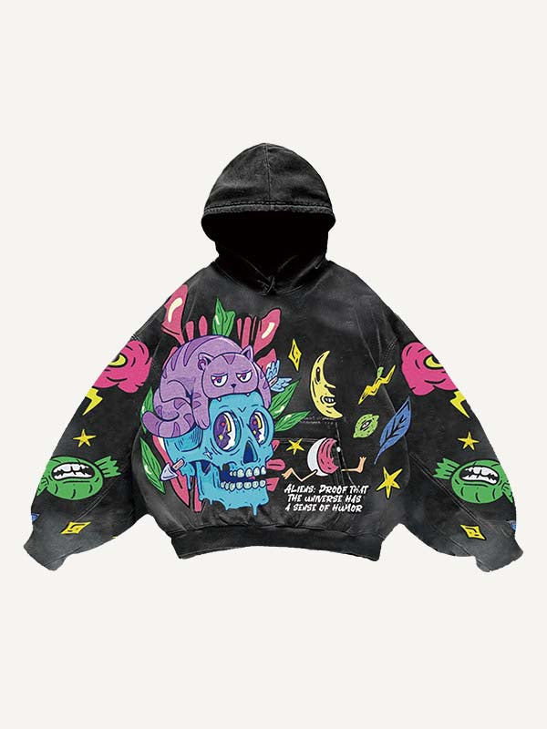 Skull&Cat&Eyeball&Graphic Print Slant Pockets Hoodie