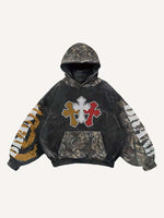 Cross&Letter&Branches Faux Decal Print Slant Pockets Hoodie