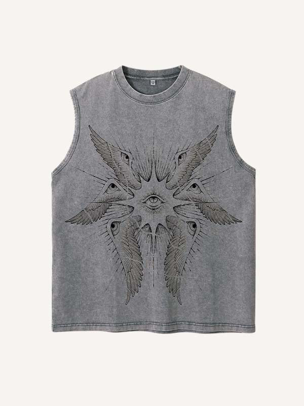 Distressed Washed Wing&Eye&Graphic Print Round Neck Tank