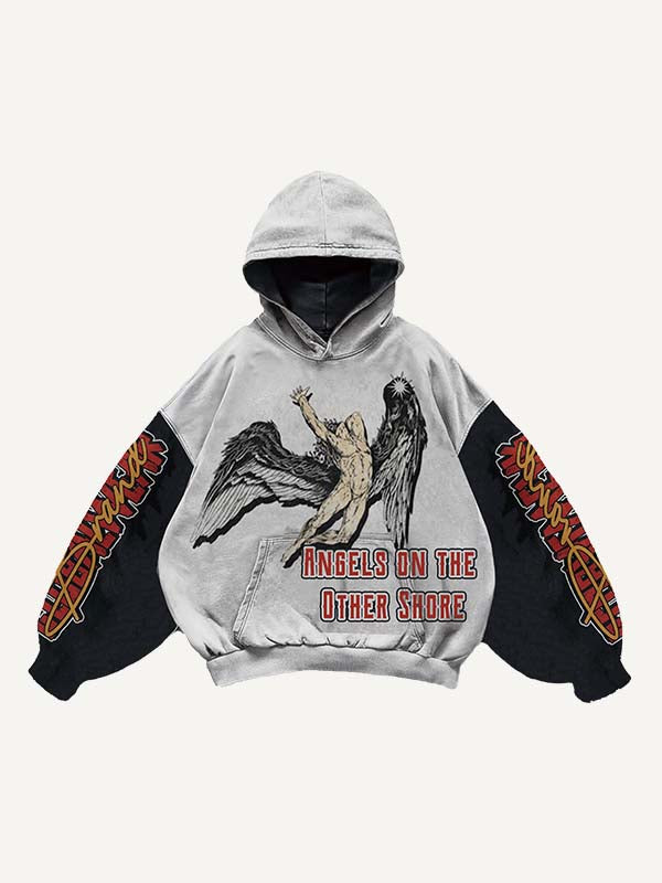 Colorblock Figure&Wing&Letter Print Slant Pockets Hoodie