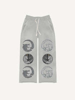 Wolf&Sun&Moon&Letter Print Elastic Waist Pants