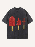 Distressed Washed Figure&Cross&Ice Cream&Letter Print Round Neck T-shirt