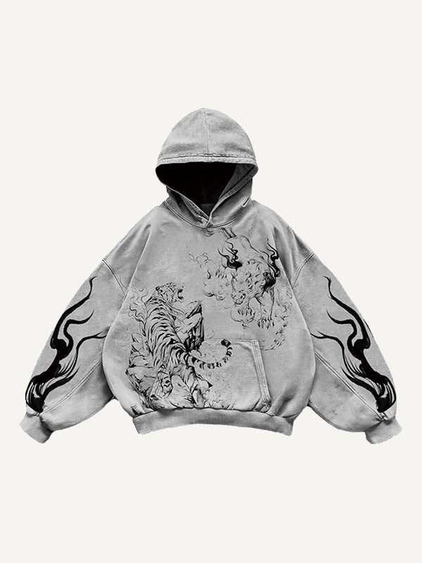 Tiger&Dragon&Animal Print Slant Pockets Hoodie