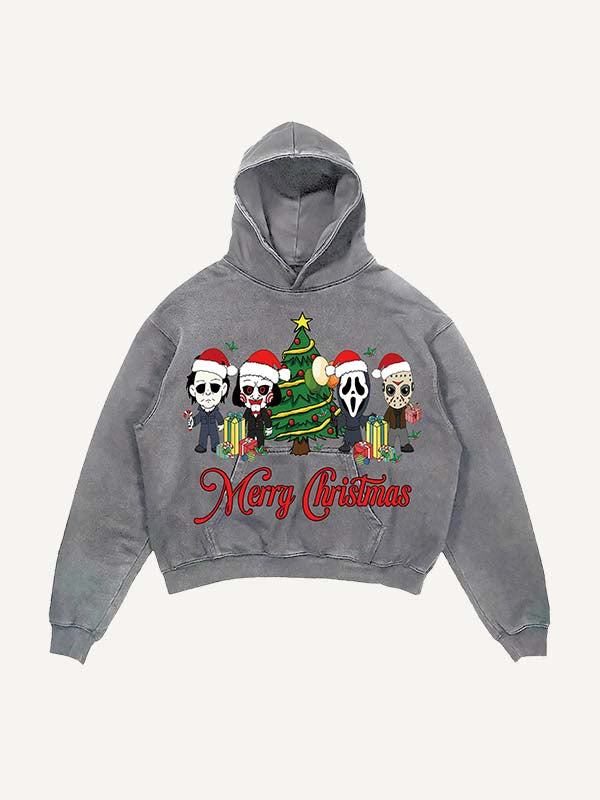 Distressed Washed Christmas Horror Print Slant Pockets Hoodie