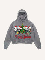 Distressed Washed Christmas Horror Print Slant Pockets Hoodie