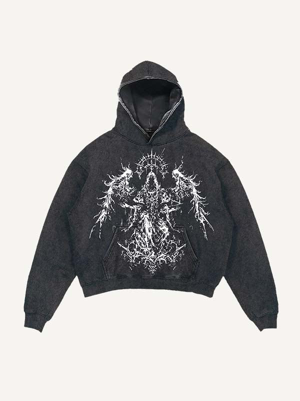 Distressed Washed Angel Figure&Wing Print Slant Pockets Hoodie