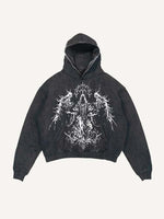 Distressed Washed Angel Figure&Wing Print Slant Pockets Hoodie