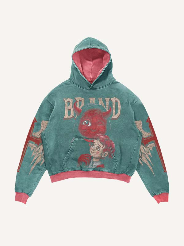 Demon&Figure&Cross&Wing&Letter Print Slant Pockets Hoodie