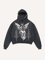 Distressed Washed Figure&Wing Graphic Print Slant Pockets Hoodie