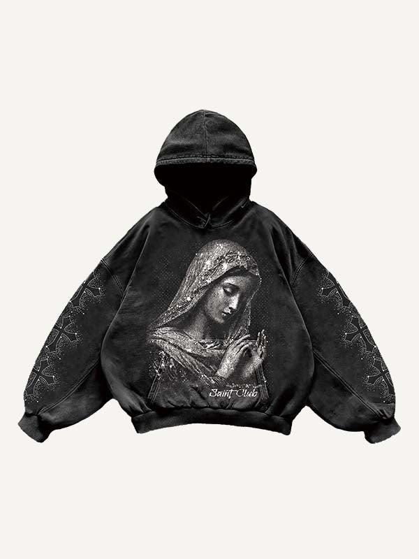 Mary&Cross Faux Rhinestones Print Slant Pockets Hoodie