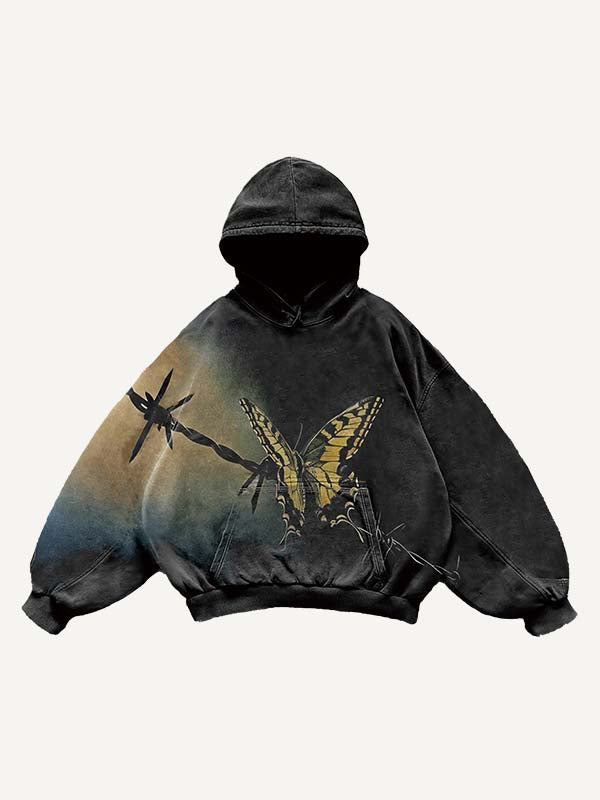 Butterfly Print Slant Pockets Hoodie