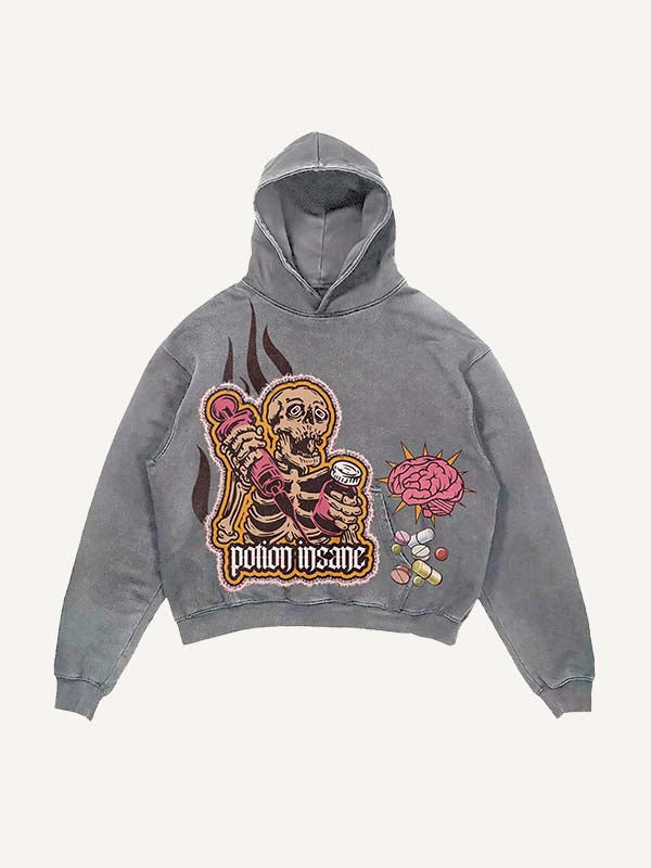 Distressed Washed Skeleton Injection Medicine&Letter Faux Decal Print Slant Pockets Hoodie