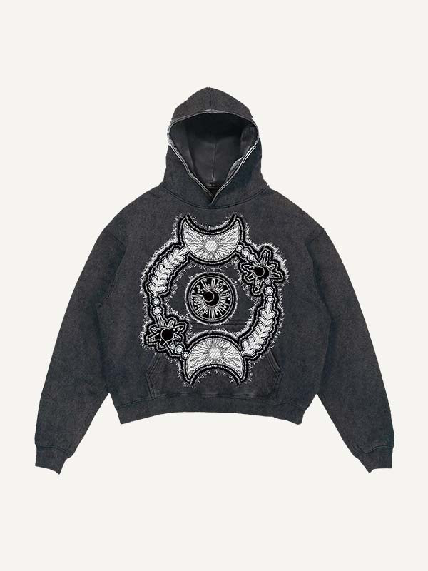 Distressed Washed Sun&Moon&Star&Eye Graphic Faux Decal Print Slant Pockets Hoodie