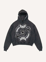 Distressed Washed Sun&Moon&Star&Eye Graphic Faux Decal Print Slant Pockets Hoodie
