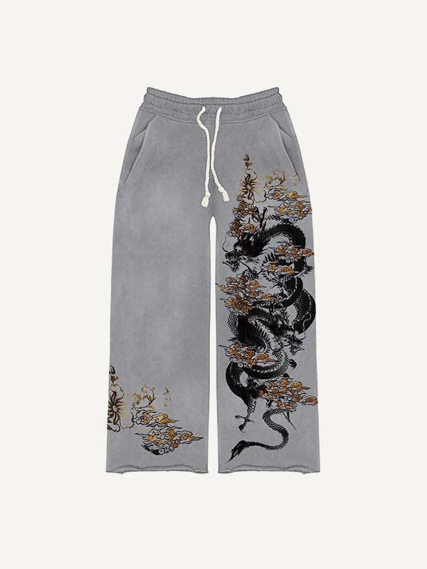 Dragon Print Elastic Waist Pants