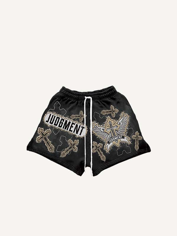 Cross&Wing Faux Decal Print Drawstring Waist Shorts