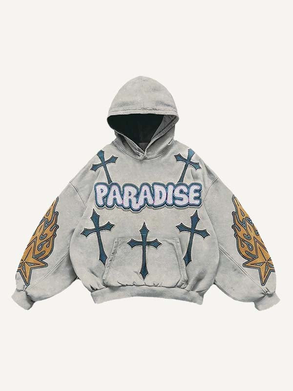 Cross&Letter&Star&Fire Faux Decal Print Slant Pockets Hoodie