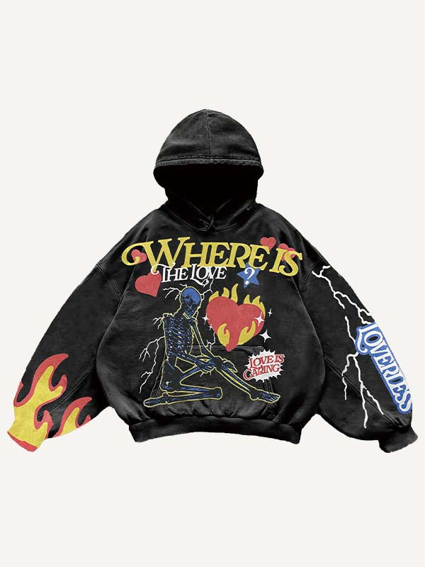 Skeleton&Letter&Heart Graphic Print Slant Pockets Hoodie