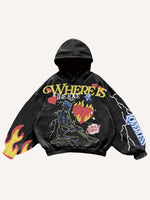 Skeleton&Letter&Heart Graphic Print Slant Pockets Hoodie