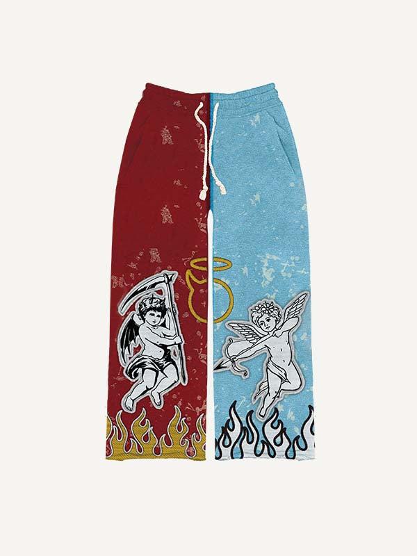 Colorblock Angel&Devil&Graphic&Letter Faux Decal Print Elastic Waist Pants