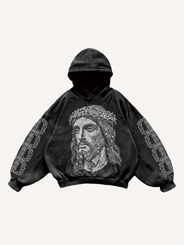 Jesus&Letter Faux Rhinestones Print Slant Pockets Hoodie