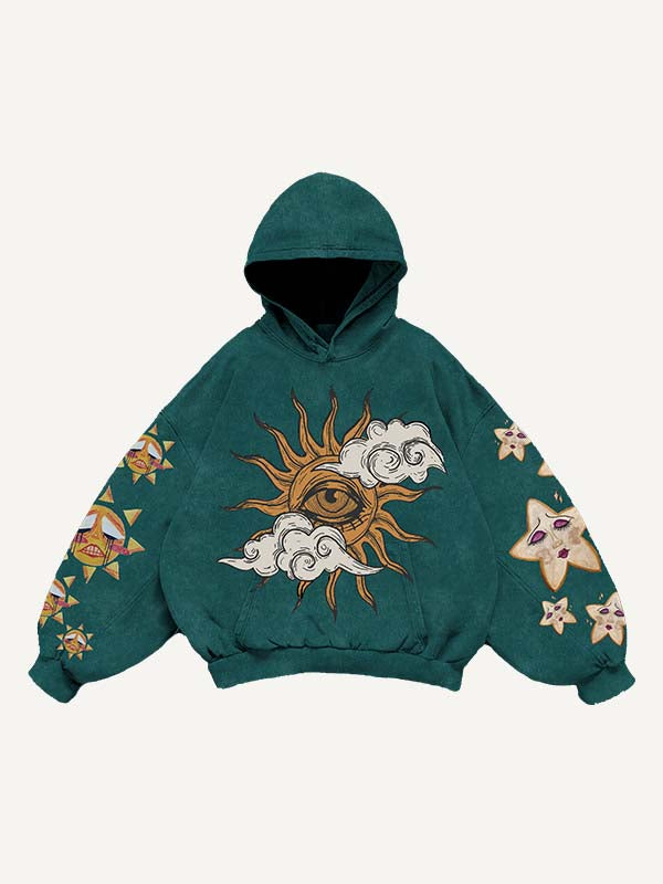 Sad Sun&Eye&Cloud&Graphic Print Slant Pockets Hoodie