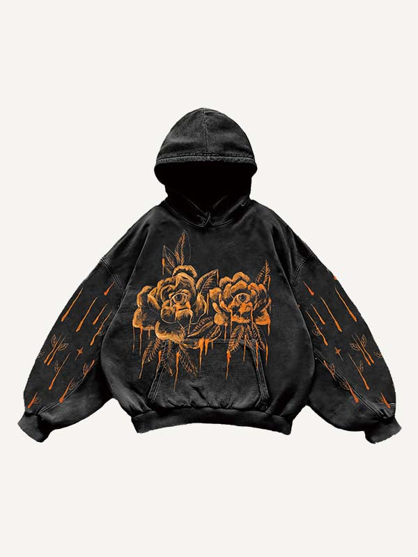 Floral&Eye Print Slant Pockets Hoodie