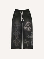 Mary&Cross Faux Rhinestones Print Elastic Waist Pants