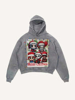Distressed Washed Christmas Horror Print Slant Pockets Hoodie