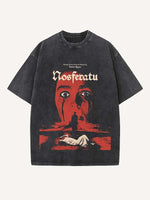 Distressed Washed Halloween Horror Print Round Neck T-shirt