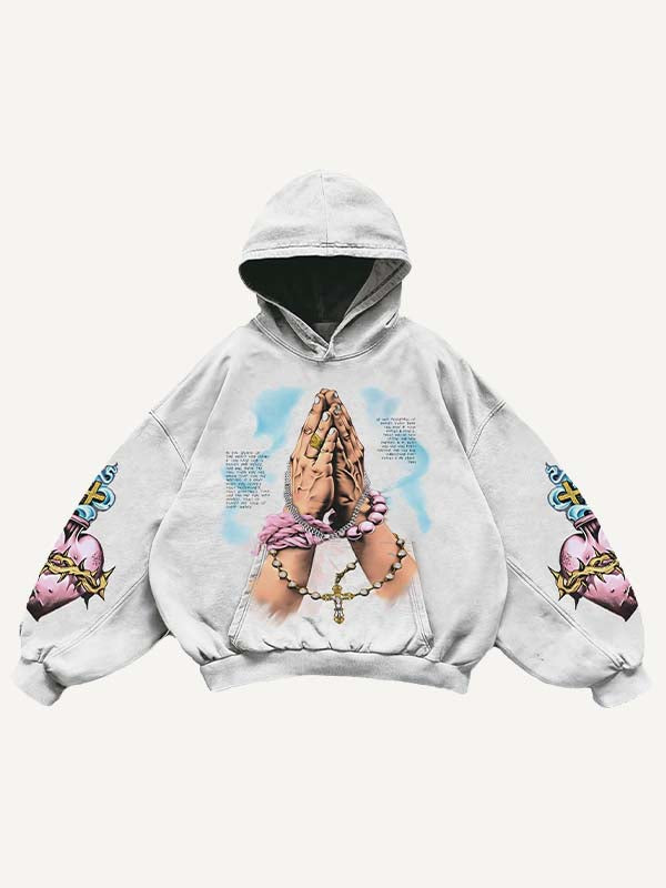 Pray Letter&Heart&Palm Print Slant Pockets Hoodie