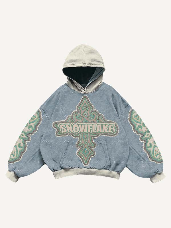 Colorblock Cross&Letter Faux Decal Print Slant Pockets Hoodie