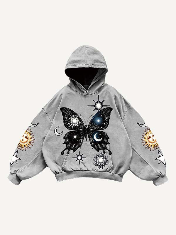 Butterfly&Sun&Moon&Graphic Print Slant Pockets Hoodie