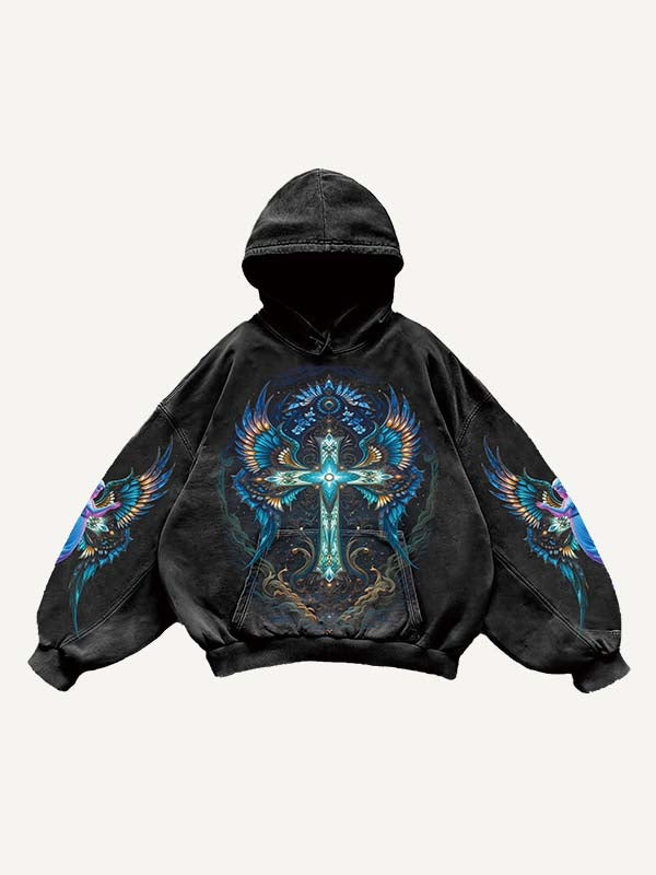 Figure&Cross&Wing&Graphic&Letter Print Slant Pockets Hoodie
