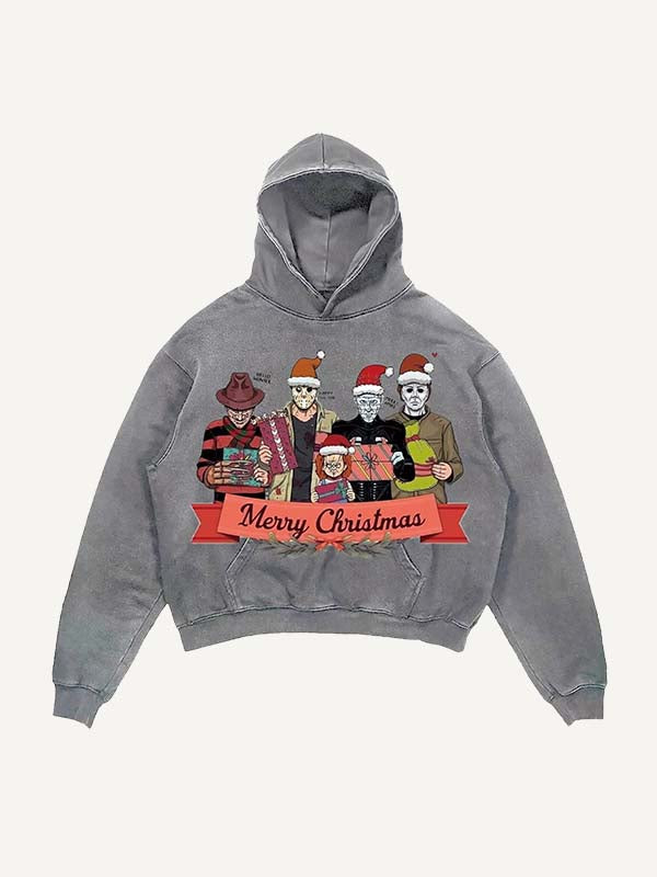 Distressed Washed Christmas Horror Print Slant Pockets Hoodie