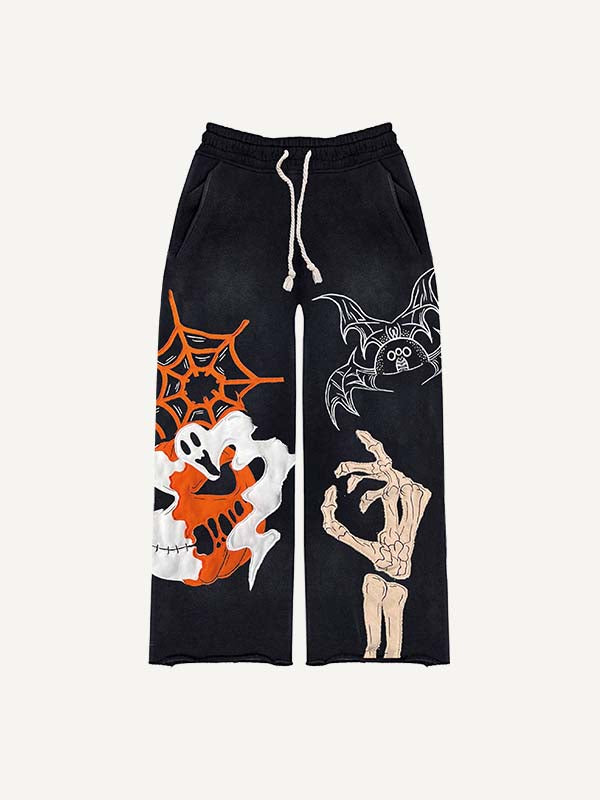 Halloween Pumpkin&Ghost&Skeleton&Eyeball&Wing Faux Decal Print Elastic Waist Pants
