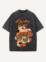 Distressed Washed Cat&Dragon&Animal&Graphic Print Round Neck T-shirt