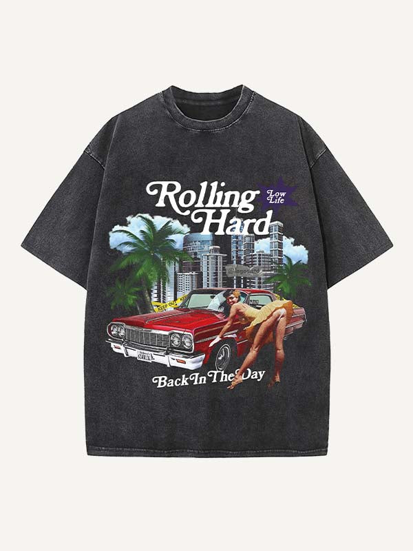 Distressed Washed Figure&City&Graphic&Money&Letter Print Round Neck T-shirt