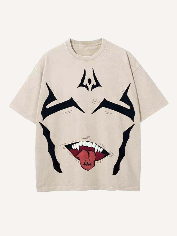 Distressed Washed Tongue&Graphic Faux Decal Print Round Neck T-shirt