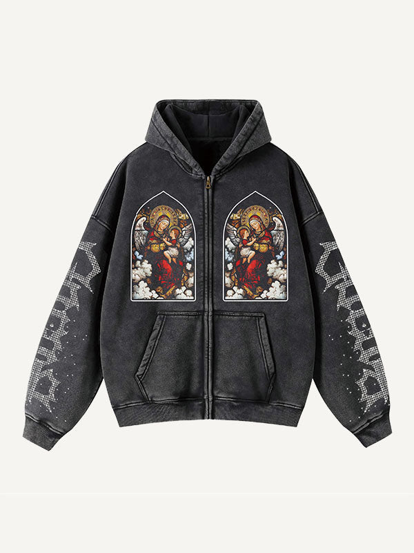 Figure&Letter&Cross Faux Rhinestones Print Zip Up Hooded Coat