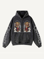 Figure&Letter&Cross Faux Rhinestones Print Zip Up Hooded Coat