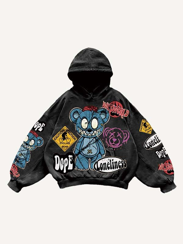 Bear&Graphic&Letter Faux Decal Print Slant Pockets Hoodie
