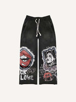 Figure&Lips&Eye&Skull&Graphic Faux Decal Print Elastic Waist Pants