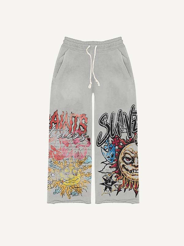 Evil Sun&Skull&Letter Print Elastic Waist Pants