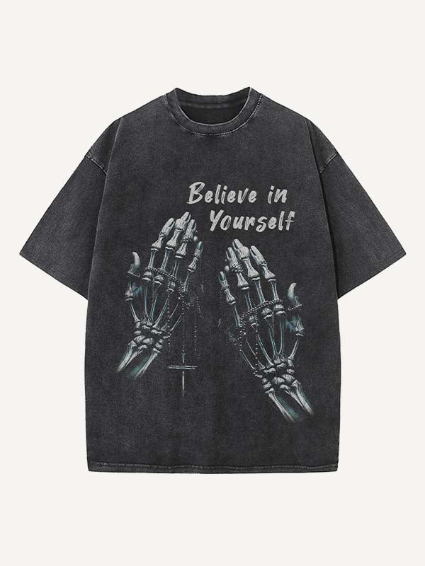 Distressed Washed Palm&Cross Print Round Neck T-shirt