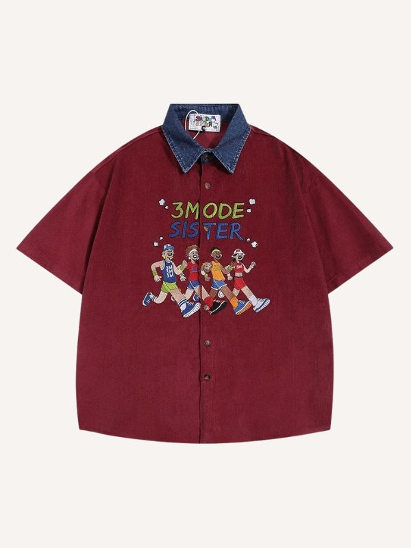 Figure&Letter Embroidery Splicing Denim Collar Shirt