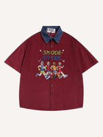 Figure&Letter Embroidery Splicing Denim Collar Shirt