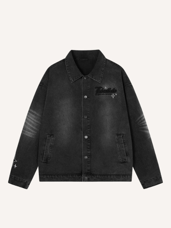 Distressed Washed Letter Embroidery Denim Jacket