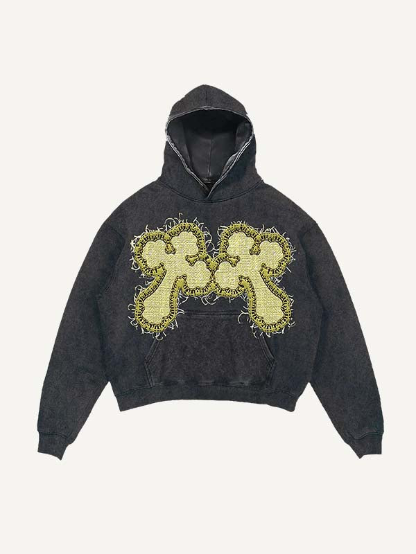 Distressed Washed Cross&Skull Faux Decal Print Slant Pockets Hoodie